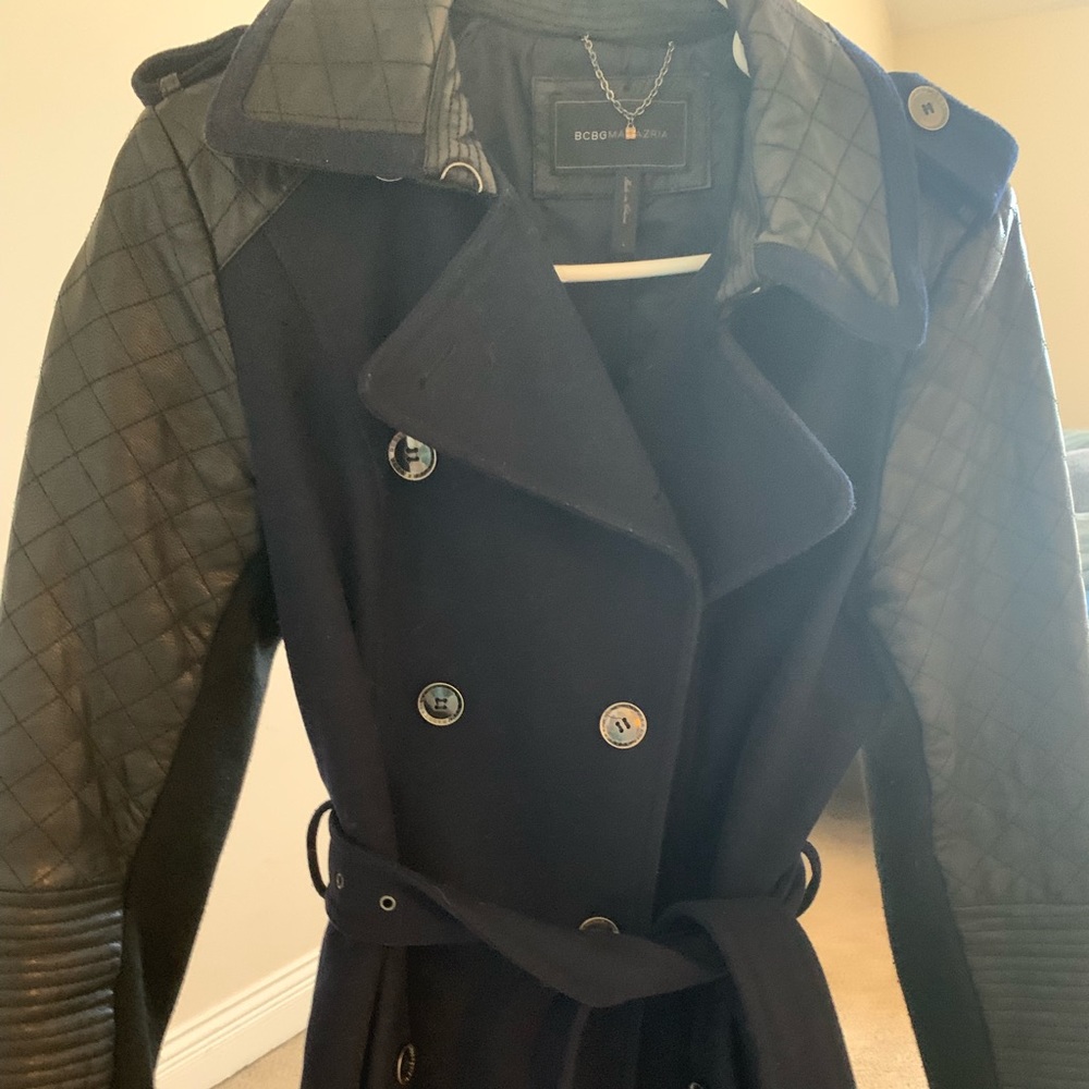 BCBG baby wool and black faux leather trench coat